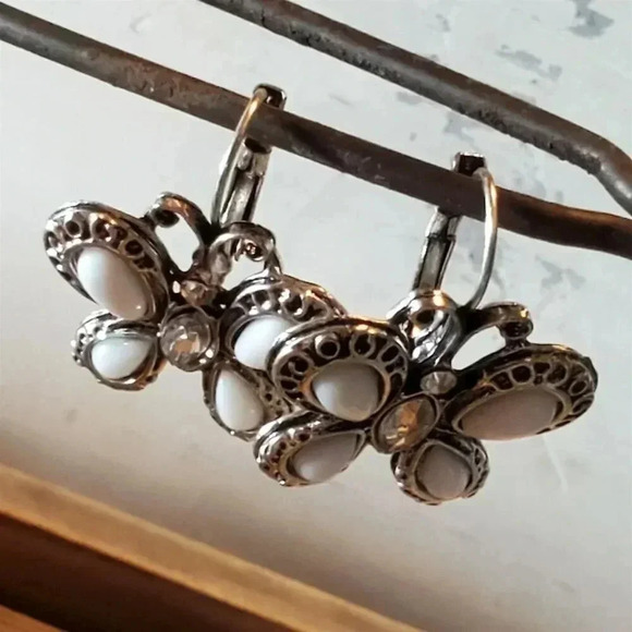 Antiqued Silver White & Clear Crystal Rhinestone Butterfly Leverback Earrings - Picture 6 of 7